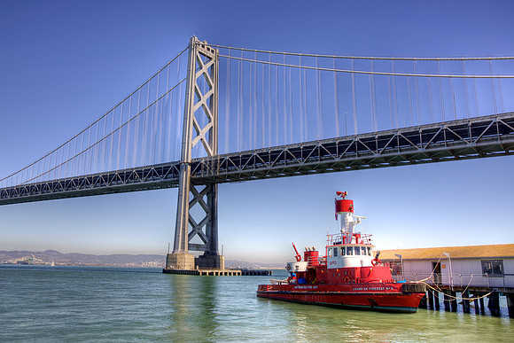 Fireboat under the Bay Bridge